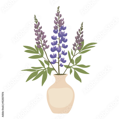 A Wild Lupine In A Vase 2D flat vector illustration, isolated on a white background.