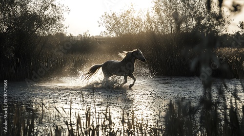 France Camargue horse galloping through marsh water in
