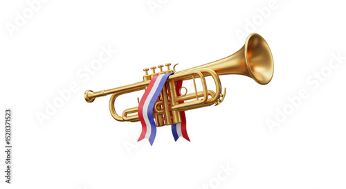 Trumpet with Ribbon: Golden trumpet adorned with vibrant ribbons, embodying musical heritage and celebratory spirit on a white background.