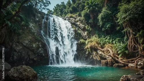 Powerful Tropical Waterfall Cascading Through Lush Rainforest Vegetation