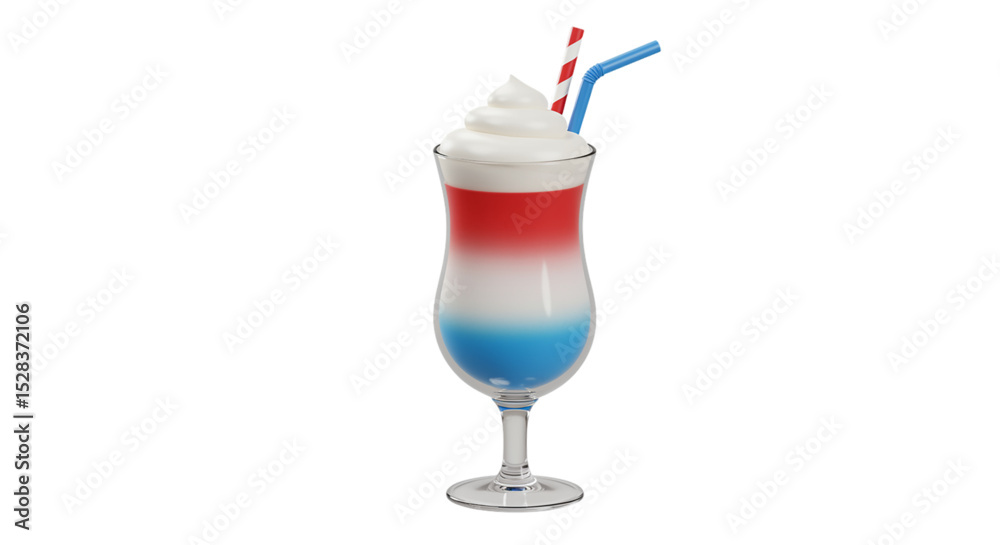 Patriotic Paradise in a Glass: A festive, photorealistic glass holds a vibrant red, white, and blue layered drink, topped with a swirl of creamy whipped delight and paired with a striped straw.