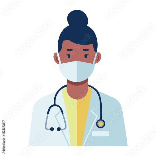medical doctor with stethoscope. a woman in a mask and a white coat