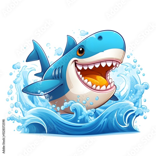 Adorable Shark Surfing Cartoon in Ocean Scene Illustration for Projects