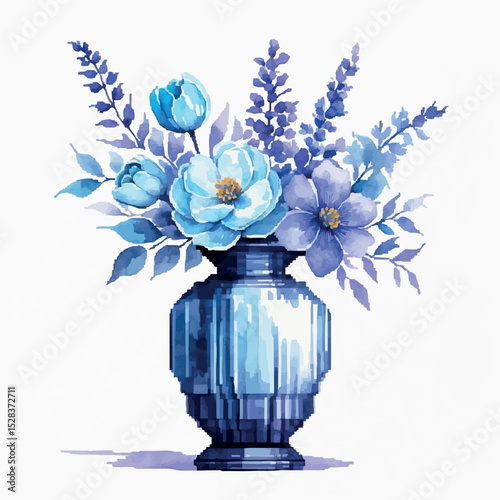 Pixel vase vector. Decorative item with watercolor flowers in pixel style.