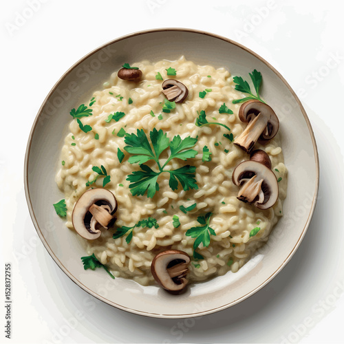 Mushroom risotto watercolor vector. Italian comfort food with soft texture and artistic shading.
