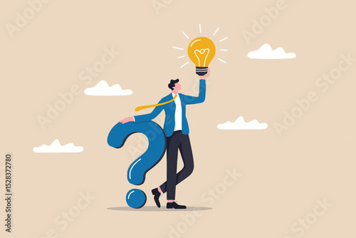 Problem Solving and Innovation Concept. Vector cartoon illustration of a businessman holding a light bulb as a symbol of an idea or solution while leaning on a large question mark.