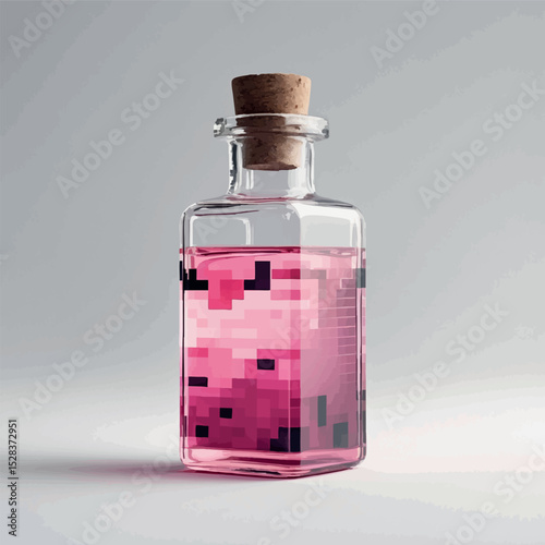Pixel potion vector. Watercolor pixel bottle with magical pink liquid.
