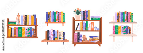 Set of bookcases and bookshelves with stacks of books. Home library collection with educational literature, novels, encyclopedias. World Book Day, Back to School concept. Isolated flat illustrations.