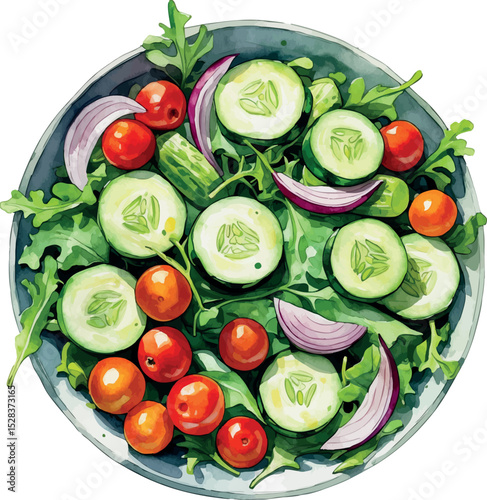 Fresh salad bowl watercolor vector. Healthy meal with vibrant veggies and clean design.