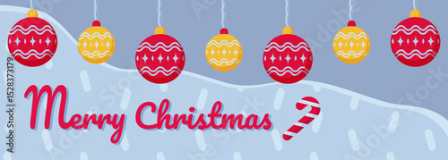 Merry Christmas template background with hanging balls and snow. Tree decoration banner, card, illustration