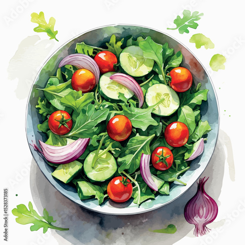Fresh salad bowl watercolor vector. Healthy meal with vibrant veggies and clean design.