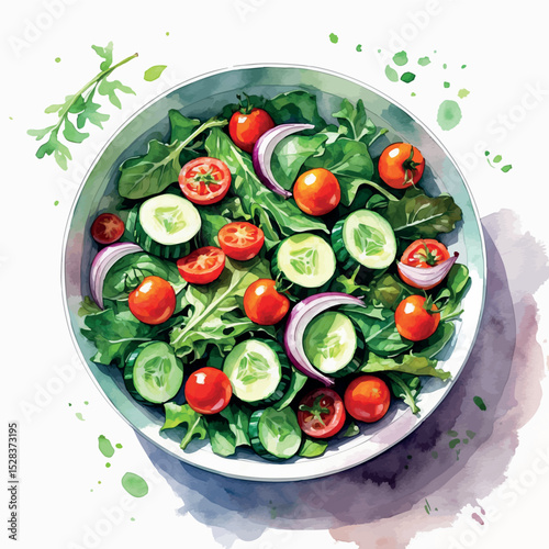 Fresh salad bowl watercolor vector. Healthy meal with vibrant veggies and clean design.