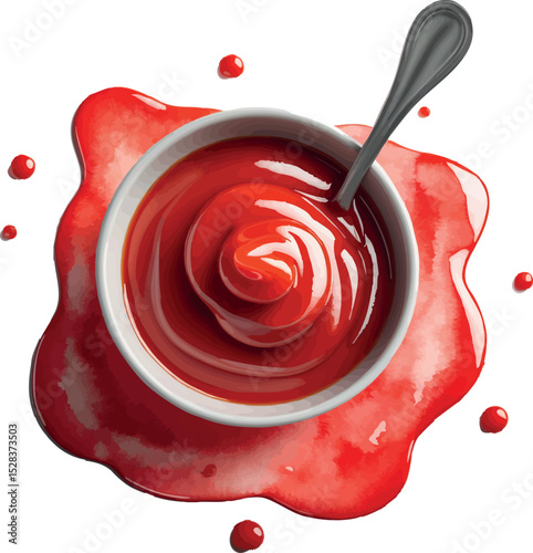 Ketchup bowl watercolor vector. Tomato sauce illustration with glossy texture and artistic style.