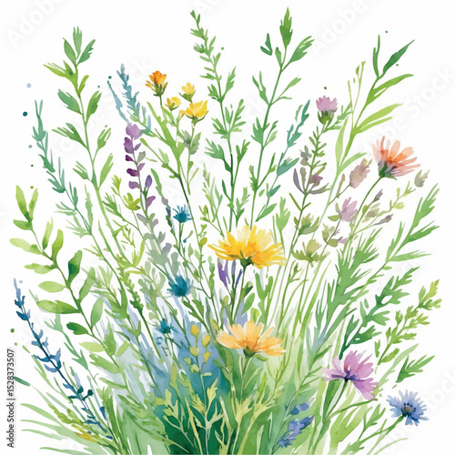Meadow spray vector. Loose botanical composition with gesture-based watercolor energy.