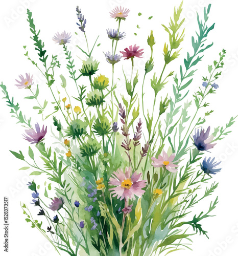 Meadow spray vector. Loose botanical composition with gesture-based watercolor energy.