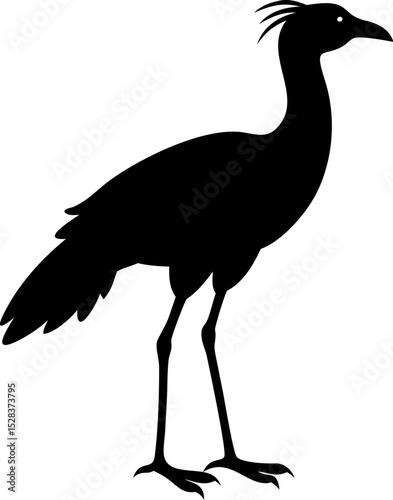 Flat Black Silhouette of Secretary Bird Standing Tall with Crest Feathers Raised