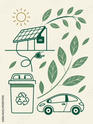 Green home, solar panels, electric car, and recycling symbols representing eco-friendly living