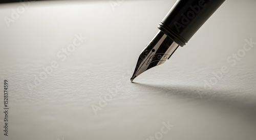 Pen nib tip poised above blank ledger page