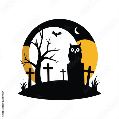 Silhouette of Owl in Graveyard Vector Icon
