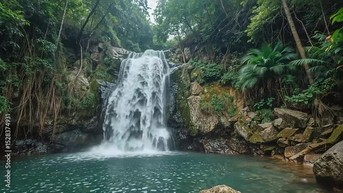 Powerful Tropical Waterfall Cascading Through Lush Rainforest Vegetation