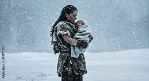Woman in snowy wilderness cradling baby, embracing survival and adventure in extreme conditions