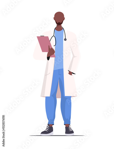  A young, modern African American male physician, attired in a white doctor's uniform, holds a folder in his hand. Medical professional, expert worker. Vector illustration Not AI generated
