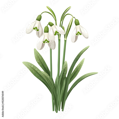 2D flat vector illustration of A Snowdrop Stem Bouquet, isolated on a white background.