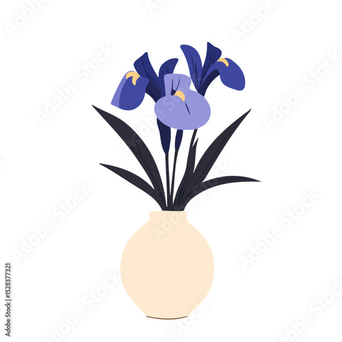 2D flat A Siberian Iris In A Vase vector illustration, isolated on a white background.