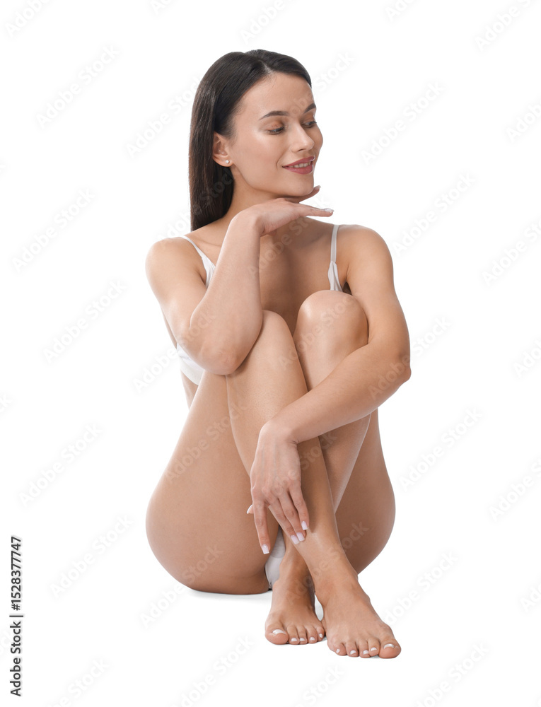 Obraz premium Woman with smooth skin after epilation procedure on white background