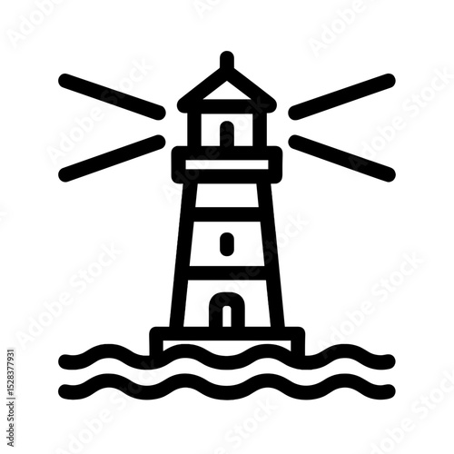 Lighthouse icon with light beams and ocean waves in minimal linear style symbolizing navigation and guidance