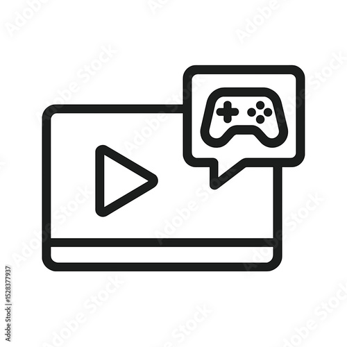 Streaming video player icon with game controller bubble in minimal line style representing game streaming or video gameplay