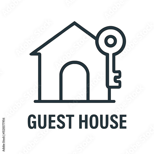 Guest house icon with house and key symbol in minimal linear style representing temporary accommodation or lodging service