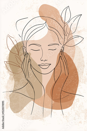 Natural skincare routine at home, Modern Line Art + Watercolor, beautiful woman with hands on face, soothing facial care, earthy tones
