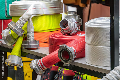 Canvas Print Arrangement of firefighting equipment on a storage shelf in indoor workshopgarag