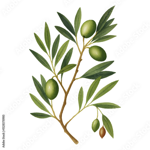 Olive Branch with Green Olives Isolated on White Background- Watercolour Art