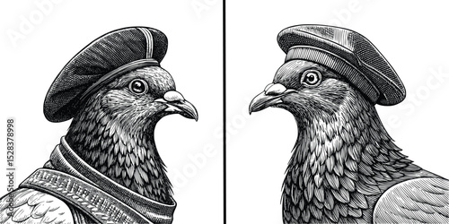 Vintage Dressed Pigeons in Renaissance Hats – Hand Drawn Engraving Style Bird Portraits for Historical and Artistic Projects