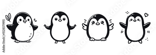 Four cartoon penguins on transparent background, vector