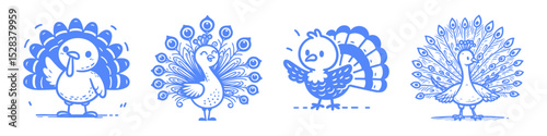 Four stylized blue peacock illustrations on transparent background, vector