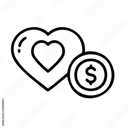 Favorites icon with heart and dollar symbol, minimalist line art style, love and finance concept