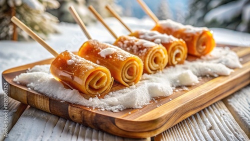 Canadian maple taffy rolled on fresh snow, served on wooden sticks with syrup drizzle.