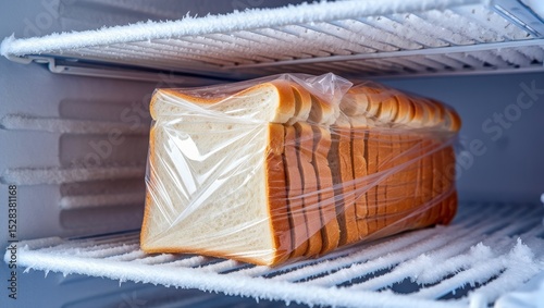 Loaf of sliced white bread wrapped in plastic and stored in a freezer. The frosty environment highlights food preservation, freezing techniques, and long-term storage.