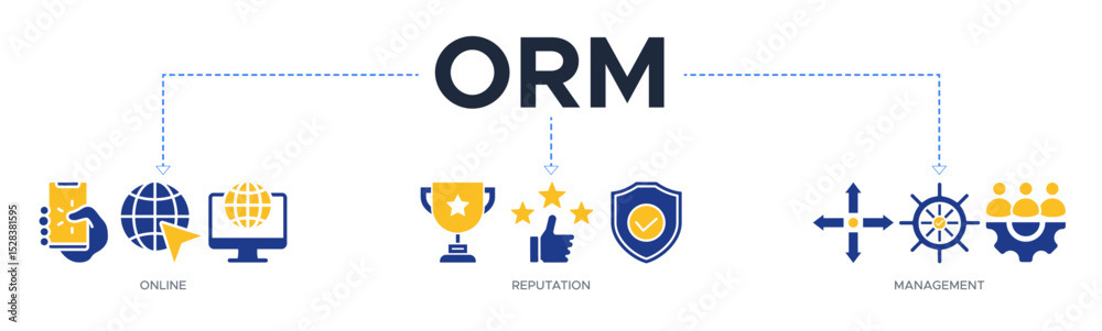 ORM banner web icon vector illustration concept for online reputation management with icons of internet, browser, winner, trust, favorite, and business