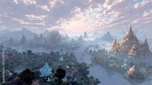 Ornate golden temples in a misty fantasy realm at dawn.
