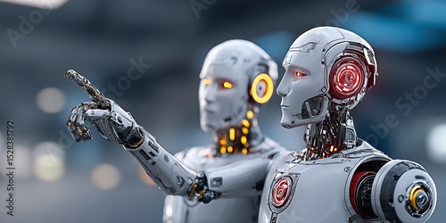 Two advanced humanoid robots with glowing eyes pointing and interacting with a holographic display.