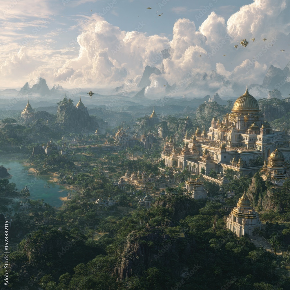 Fototapeta premium Golden domed city in lush mountains with futuristic flying vehicles