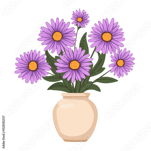 2D flat A New England Aster In A Vase illustration vector, isolated on a white background.