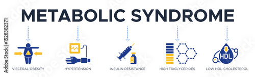 Symptoms of Metabolic Syndrome banner web icon vector illustration concept with an icon of Hypertension, Insulin Resistance, High Triglycerides, Low HDL-Cholesterol, Visceral Obesity