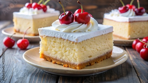 Soft sponge tres leches cake soaked in three milks, topped with whipped cream and strawberries.