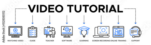 Video tutorial banner web icon vector illustration concept with icon of watching video, guide, teacher, software, learning, screen recording, online training, support