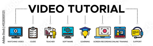 Video tutorial banner web icon vector illustration concept with icon of watching video, guide, teacher, software, learning, screen recording, online training, support